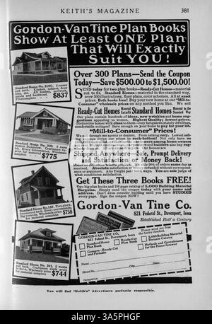 Keith’s Magazine on Home Building, 1916, veröffentlichte zwölf monatliche Ausgaben, in denen jeweils Hausentwürfe, Grundrisse und Details zu den Baukosten vorgestellt wurden. Das Magazin bietet Einblicke in Wohnbau, Inneneinrichtung und Landschaftsgestaltung mit Anzeigen für Möbel, Materialien und Bauzubehör. Einige Ausgaben bieten architektonische Pläne für Gebäude wie Schulen und Kirchen. Stockfoto