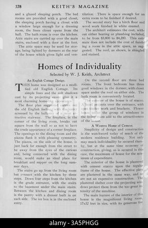 Keith’s Magazine on Home Building, 1916, monatlich von Max L. Keith veröffentlicht, enthält zwölf Ausgaben, die sich mit Hausentwürfen, Grundrissen und Baukosten befassen. Das Magazin enthält Artikel über Wohnbau, Inneneinrichtung und Landschaftsgestaltung sowie Werbung für Wohnmöbel, Baumaterialien und Accessoires. Einige Ausgaben bieten Pläne für andere Gebäudetypen, einschließlich Kirchen und Schulen. Stockfoto