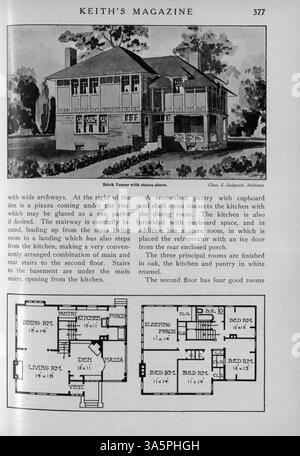 Keith’s Magazine on Home Building, 1916, enthält zwölf Ausgaben des Architekten Max L. Keith. Das Magazin bietet detaillierte Hausentwürfe, Grundrisse und Baukosten sowie Ratschläge zu Hausbau, Inneneinrichtung und Landschaftsplanung. Einige Themen umfassen Pläne für Schulen, Kirchen und andere Strukturen. Werbung für Möbel und Baumaterialien ist in jeder Ausgabe enthalten. Stockfoto