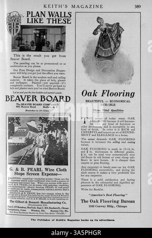 Keith's Magazine, herausgegeben vom Architekten Max L. Keith, enthält Artikel und detaillierte Illustrationen von Wohnentwürfen aus dem Jahr 1916. Jede Ausgabe enthält Grundrisse, Kostenschätzungen und Informationen zu Baumaterialien, wobei gelegentlich größere Projekte wie Schulen und Kirchen im Mittelpunkt stehen. Bei einigen Volumes fehlen Seiten. Stockfoto