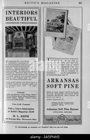 Diese Sammlung von Keith's Magazine, die 1916 veröffentlicht wurde, enthält monatliche Ausgaben mit Wohnplanungen, Kostenaufteilungen und Artikeln über Wohnbau, Dekoration und Landschaftsgestaltung. Es enthält auch Werbung für Baumaterialien und Möbel sowie Pläne für öffentliche Gebäude wie Schulen und Kirchen. Stockfoto