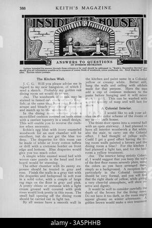 Keith's Magazine, eine monatliche Publikation aus dem Jahr 1916, bietet eine Reihe von Hausentwürfen mit detaillierten Plänen, Kosteninformationen und Bautipps. Es umfasst verschiedene Stile und Artikel über Inneneinrichtung, Landschaftsgestaltung und Baumaterialien, mit gelegentlichen Plänen für Schulen und Kirchen. Fehlende Seiten in einigen Volumes. Stockfoto