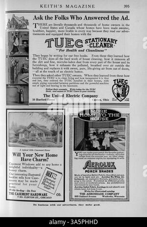 Keith's Magazine, eine monatliche Publikation aus dem Jahr 1916, bietet Hausentwürfe mit detaillierten Plänen und Kostenschätzungen. Die Artikel betreffen den Wohnbau, die Inneneinrichtung und die Landschaftsgestaltung, mit zusätzlichen Inhalten zu öffentlichen Gebäuden wie Schulen und Kirchen. Fehlende Seiten auf einigen Volumes. Stockfoto