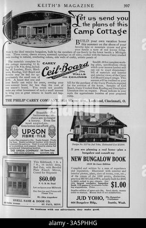 Diese monatliche Publikation aus dem Jahr 1916, Keith's Magazine, bietet Hausdesigns, Grundrisse, Kostenschätzungen, und detaillierte Artikel über Inneneinrichtung, Baumaterialien und Landschaftsgestaltung. Einige Ausgaben enthalten auch Entwürfe für Schulen und Kirchen. Fehlende Seiten von bestimmten Volumes. Stockfoto