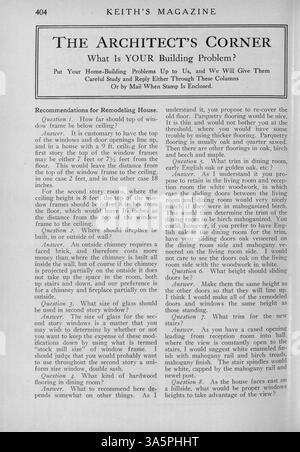 Dieses Magazin, das 1916 monatlich vom Minneapolis-Architekten Max L. Keith veröffentlicht wurde, bietet Hausentwürfe, Grundrisse und Kostenaufteilungen. Die Artikel umfassen Innenarchitektur und Außeneinrichtung, Landschaftsgestaltung und Wohnmöbel. Werbung für Baumaterialien ist enthalten. Einige Ausgaben enthalten Pläne für Kirchen und Schulen. Fehlende Seiten aus Band 35 und 36. Stockfoto