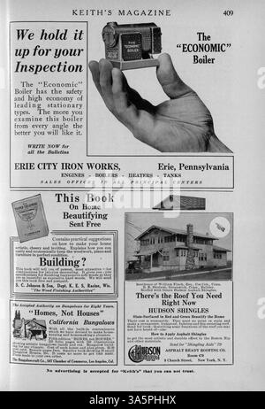 Keith’s Magazine (1916), herausgegeben von Max L. Keith, zeigt Hausentwürfe in verschiedenen Stilen mit detaillierten Grundrissen, Fotos und Kostenschätzungen. Die Publikation enthält Artikel über Inneneinrichtung, Landschaftsgestaltung und Wohnmöbel sowie Werbung für Baumaterialien. Einige Ausgaben enthalten Baupläne für Schulen und Kirchen. Fehlende Seiten in mehreren Volumes. Stockfoto