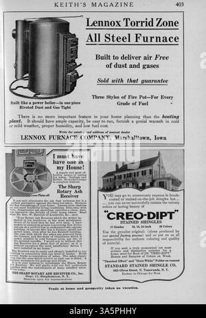 Keith’s Magazine von 1916, herausgegeben von Max L. Keith, enthält zwölf Ausgaben, die Grundrisse, Fotografien und Illustrationen von Häusern in verschiedenen Architekturstilen enthalten. Das Magazin enthält detaillierte Beschreibungen und Kosten für den Wohnbau, Artikel über Inneneinrichtung und Landschaftsgestaltung sowie Werbung für Baustoffe und Möbel. Einige Themen umfassen auch Pläne für Schulen und Kirchen. Fehlende Seiten in einigen Volumes. Stockfoto