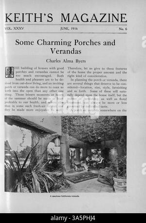Diese 1916 erschienene Publikation von Max L. Keith bietet detaillierte Hausentwürfe, darunter Grundrisse und Fotografien. Die Artikel konzentrieren sich auf Innenarchitektur, Landschaftsarchitektur und Baumaterialien. Einige Ausgaben umfassen Entwürfe für Kirchen und Schulen. Fehlende Seiten in Band 35, nein 2, 3 und Vol. 36, nein 4. Stockfoto