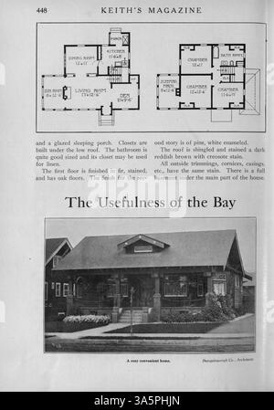 Das 1916 veröffentlichte Keith's Magazine enthält zwölf Ausgaben, die sich mit dem Wohnungsbau befassen. Das Magazin bietet architektonische Pläne, Grundrisse, Fotos und detaillierte Beschreibungen zu den Baukosten. Es enthält auch Artikel über Inneneinrichtung, Landschaftsgestaltung und Werbung für Wohnmöbel und -Materialien. Einige Ausgaben enthalten Baupläne für Schulen und Kirchen. Fehlende Seiten in einigen Volumes. Stockfoto