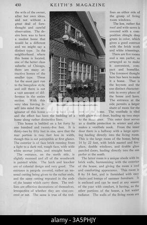 Keith's Magazine aus dem Jahr 1916 präsentiert 12 monatliche Ausgaben mit einer Reihe von Hausdesigns, darunter detaillierte Illustrationen, Fotos und Grundrisse. Jede Ausgabe enthält Informationen zu Baukosten, Inneneinrichtung und Landschaftsplanung. Das Magazin wirbt auch für Wohnmöbel und Baumaterialien. Einige Ausgaben enthalten Architekturpläne für Schulen und Kirchen, einige Seiten fehlen jedoch. Stockfoto