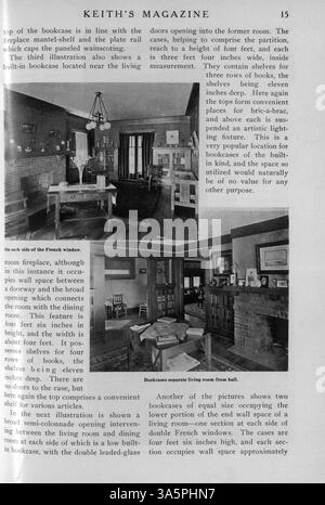 Keith's Magazine (1916), das monatlich erscheint, enthält zwölf Ausgaben mit Grundrissen und Hausdesigns in einer Vielzahl von Stilen. Es enthält Artikel über Wohnbau, Innenarchitektur und Landschaftsgestaltung sowie Werbung für Wohnmöbel und Baumaterialien. Das Magazin enthält auch Pläne für andere Gebäude wie Kirchen und Schulen. Bestimmte Seiten fehlen in einigen Volumes. Stockfoto