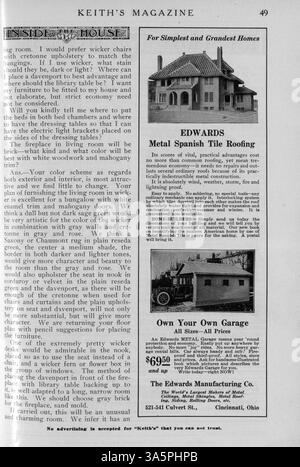 Keith’s Magazine, das 1916 vom Architekten Max L. Keith veröffentlicht wurde, enthält Hausentwürfe mit Grundrissen, Fotografien und detaillierten Beschreibungen. Zu den Themen gehören Wohnungsbau, Innenarchitektur, Landschaftsplanung und Werbung für Baumaterialien. Einige Ausgaben umfassen Entwürfe für Kirchen und Schulen. Seiten fehlen in einigen Volumes. Stockfoto