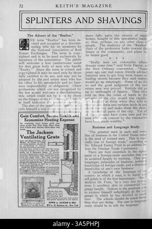 Keith's Magazine, eine monatliche Publikation aus dem Jahr 1916, bietet eine Vielzahl von Ideen für das Wohndesign mit detaillierten Grundrissen und Architekturfotos. Veröffentlicht von Max L. Keith, behandelt er Themen wie Wohnbau, Inneneinrichtung und Landschaftsgestaltung. Das Magazin zeigt auch Anzeigen für Baumaterialien, Wohnaccessoires und Möbel sowie gelegentliche Pläne für Schulen und Kirchen. Stockfoto