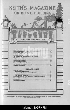 Das Keith's Magazine aus dem Jahr 1916 enthält zwölf monatliche Ausgaben, in denen Wohndesigns mit Grundrissen und architektonischen Details vorgestellt werden. Veröffentlicht von Max L. Keith, behandelt es eine Reihe von Themen, darunter Baukosten, Inneneinrichtung und Landschaftsgestaltung. Das Magazin zeigt auch Anzeigen für Wohnmöbel und Baumaterialien sowie Pläne für verschiedene Gebäudetypen, darunter Schulen und Kirchen. Stockfoto