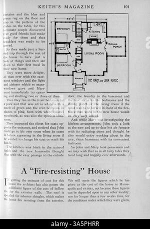 Das Keith’s Magazine, das 1916 vom Architekten Max L. Keith monatlich veröffentlicht wurde, befasst sich mit Ideen für die Gestaltung von Häusern, Grundrissen und Kostenschätzungen. Das Magazin enthält Artikel über Wohnbau, Inneneinrichtung, Landschaftsgestaltung und bietet Werbung für verwandte Produkte. Zu den Themen gehören Pläne für Schulen und Kirchen. Stockfoto