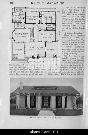 Keith’s Magazine, eine monatliche Publikation von Max L. Keith aus dem Jahr 1916, deckt verschiedene Hausentwürfe mit detaillierten Grundrissen, Fotos und Illustrationen ab. Es enthält Baukosten und Gebäudebeschreibungen, einschließlich Artikel über Inneneinrichtung, Landschaftsgestaltung und Baumaterialien. Einige Ausgaben enthalten architektonische Pläne für Kirchen und Schulen. Fehlende Seiten: Vol. 35, nein 2 (S. 113-114), Vol. 35, Nr. 3 (S. 229-230), Vol. 36, Nr. 4 (Seiten 301-302). Stockfoto