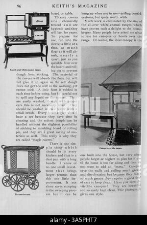 Das Keith’s Magazine, das 1916 vom Architekten Max L. Keith monatlich veröffentlicht wurde, enthält Illustrationen zur Hausgestaltung, detaillierte Grundrisse und Kostenschätzungen. Es umfasst Artikel über Wohnbau, Innenarchitektur, Landschaftsgestaltung und Werbung für Wohnmöbel und Baumaterialien. Zu den Themen gehören Pläne für Kirchen und Schulen. Stockfoto