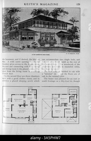 Keith’s Magazine, das erstmals 1916 veröffentlicht wurde, enthält zwölf Ausgaben mit Hausentwürfen, Grundrissen und detaillierten Baukostenschätzungen. Das Magazin enthält auch Artikel über Innenarchitektur, Landschaftsarchitektur und Baumaterialien sowie Pläne für Kirchen und Schulen. Band 35, Nr. 2 fehlende Seiten. Stockfoto