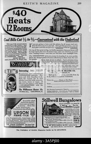 Das monatlich von Max L. Keith herausgegebene Keith's Magazine (1916) enthält Hausentwürfe, Grundrisse, Gebäudebeschreibungen und Artikel über Wohngebäude, Inneneinrichtung und Landschaftsarchitektur. Das Magazin zeigt auch Anzeigen für Baumaterialien und Wohnmöbel, wobei einige Ausgaben Pläne für Schulen und Kirchen anbieten. Bei bestimmten Volumes fehlen Seiten. Stockfoto