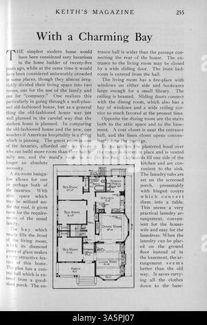 Keith’s Magazine on Home Building, 1916, herausgegeben vom Architekten Max L. Keith, enthält zwölf monatliche Ausgaben. Das Magazin zeigt detaillierte Hausdesigns mit Illustrationen, Grundrissen und Kostenaufteilungen. Es umfasst verschiedene Architekturstile sowie Artikel über Wohngebäude, Inneneinrichtung und Landschaftsgestaltung. Einige Themen umfassen auch Pläne für Kirchen und Schulen. Fehlende Seiten in einigen Volumes. Stockfoto