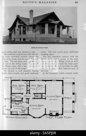 Keith’s Magazine on Home Building, 1916, enthält zwölf Ausgaben mit Illustrationen, Grundrissen und Beschreibungen von Hausentwürfen. Das Magazin befasst sich mit dem Wohnungsbau, der Innenarchitektur und der Landschaftsplanung und enthält Werbung für Baumaterialien. Zu den Themen gehören Pläne für Schulen und Kirchen. Stockfoto