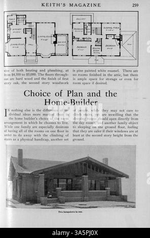 Keith's Magazine, das 1916 veröffentlicht wurde, bietet zwölf monatliche Ausgaben zu Hausentwürfen, Grundrissen und Baukosten. Das Magazin enthält Artikel über Wohnbau, Innenarchitektur und Landschaftsplanung. Einige Ausgaben stellen Kirchen- und Schulpläne vor. Fehlende Seiten werden in mehreren Bänden festgestellt. Stockfoto