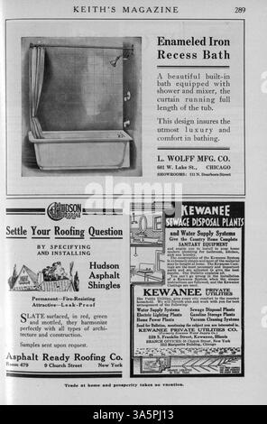 Keith’s Magazine, eine Publikation von Max L. Keith aus dem Jahr 1916, enthält detaillierte Grundrisse, architektonische Entwürfe und Kostenschätzungen für verschiedene Hausstile. Das Magazin enthält Artikel über Wohnbau, Innenarchitektur und Landschaftsarchitektur sowie Werbung für Baumaterialien, Wohnmöbel und Accessoires. Einige Ausgaben enthalten auch Entwürfe für Kirchen und Schulen. Stockfoto