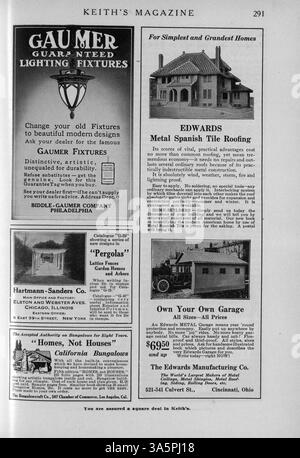 Das Keith’s Magazine, das 1916 vom Architekten Max L. Keith monatlich veröffentlicht wurde, bietet verschiedene Wohnraumpläne, Grundrisse und Kostenschätzungen. Es umfasst Artikel über Wohnbau, Innenarchitektur und Landschaftsgestaltung sowie Werbung für Baumaterialien und Wohnmöbel. Einige Ausgaben zeigen Kirchen- und Schuldesigns. Stockfoto