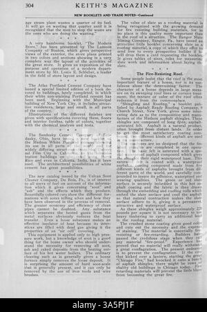 Keith's Magazine, herausgegeben von Max L. Keith, bietet einen umfassenden Blick auf das Wohngebäude im Jahr 1916 mit Grundrissen, Kostenanalysen und architektonischen Illustrationen. Die Publikation deckt verschiedene Wohnstile ab und bietet Informationen zu Wohn- und Geschäftsgebäuden, einschließlich Kirchen und Schulen. Stockfoto