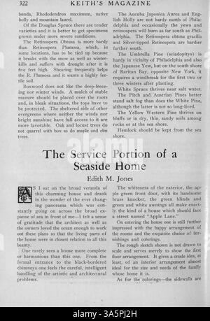 Keith's Magazine, das 1916 veröffentlicht wurde, zeigt detaillierte Hausentwürfe, Fotografien und Grundrisse. Es bietet Lesern architektonische Optionen aus diesem Zeitraum, einschließlich Gebäudekosten und Entwurfsbeschreibungen. Es enthält auch Artikel über Landschaftsgestaltung, Wohnmöbel und Werbung für Baumaterialien. Fehlende Seiten können in einigen Volumes gefunden werden. Stockfoto
