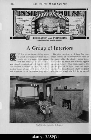 Keith's Magazine on Home Building, 1916, enthält zwölf monatliche Ausgaben mit Artikeln über Hausentwürfe, Baukosten und Baumethoden. Das Magazin zeigt auch Illustrationen und Grundrisse sowie Werbung für Wohnmöbel und Baumaterialien. Einige Ausgaben enthalten Entwürfe für Kirchen und Schulen. Stockfoto