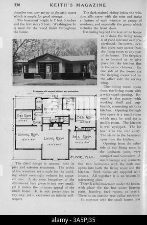 Keith's Magazine on Home Building, 1916, monatlich veröffentlicht, enthält Artikel über Wohnbau, Innenarchitektur und Landschaftsplanung. Es enthält detaillierte Hauspläne, Kosten und Illustrationen. Veröffentlicht von Max L. Keith, zeigt es auch Werbespots für Baumaterialien und Wohnmöbel. Einige Ausgaben präsentieren Entwürfe für Schulen und Kirchen. Stockfoto