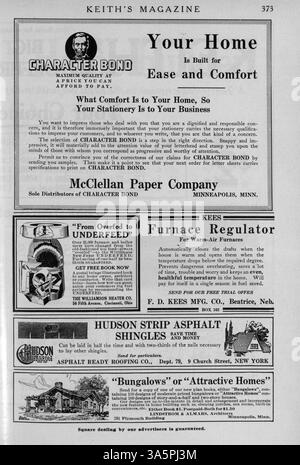 Keith's Magazine, das 1916 monatlich erscheint, bietet Hausentwürfe, Grundrisse und Details zu den Baukosten. Das Magazin enthält Illustrationen und Artikel über Wohngebäude, Inneneinrichtung und Landschaftsarchitektur. Es enthält auch Werbung für Baumaterialien, Wohnmöbel und Accessoires. Zu den Themen gehören Pläne für Kirchen und Schulen. Stockfoto