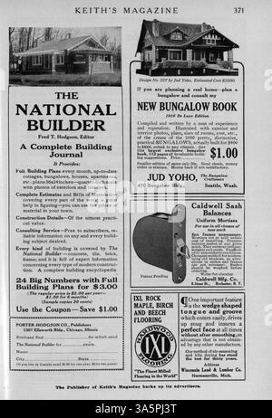 Das 1916 erschienene Keith's Magazine enthält zwölf Ausgaben mit Hausentwürfen, Grundrissen, Baukosten und Artikeln über Wohnbau und Innenarchitektur. Das Magazin zeigt Illustrationen und Anzeigen für Baumaterialien und Wohnmöbel. Einige Themen umfassen auch Pläne für Nichtwohngebäude wie Kirchen und Schulen. Stockfoto