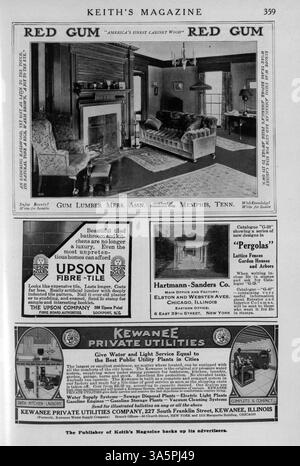 Keith's Magazine, eine Publikation aus dem Jahr 1916, enthält monatliche Ausgaben für die Hausgestaltung mit Grundrissen, Baukosten und Designdetails. Die Artikel konzentrieren sich auf Inneneinrichtung, Landschaftsgestaltung und Werbung für Wohnmöbel und Baumaterialien. Einige Ausgaben bieten Pläne für Kirchen und Schulen. Stockfoto