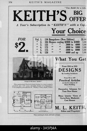 Keith’s Magazine, herausgegeben von Max L. Keith, zeigt Hausentwürfe, Grundrisse und Baukosten aus dem Jahr 1916. Es enthält monatliche Artikel über Wohngebäude, Inneneinrichtung und Landschaftsgestaltung. Das Magazin enthält auch Werbung für Wohnmöbel und Baumaterialien und präsentiert Pläne für Kirchen und Schulen in einigen Ausgaben. Stockfoto