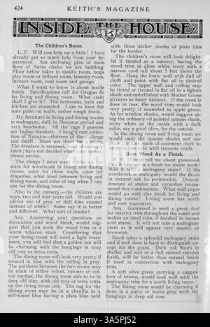 Keith's Magazine von 1916 enthält monatliche Ausgaben mit Entwürfen für Häuser, einschließlich detaillierter Grundrisse und Baukosten. Sie umfasst auch Artikel über Innendekoration, Landschaftsgestaltung und Werbung für Wohnmaterialien und Möbel. Stockfoto