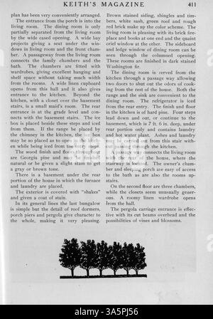 Keith’s Magazine, eine Publikation des Architekten Max L. Keith aus dem Jahr 1916, präsentiert Wohnentwürfe mit detaillierten Grundrissen und Beschreibungen. Das Magazin bietet praktische Ratschläge zu Baukosten, Innenarchitektur und Landschaftsgestaltung mit begleitenden Werbespots für Baustoffe. Zu den Themen gehören Pläne für Kirchen und Schulen. Bei bestimmten Volumes fehlen Seiten. Stockfoto