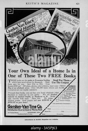 Keith’s Magazine, das 1916 monatlich von Max L. Keith veröffentlicht wurde, präsentiert detaillierte Entwürfe für Häuser, einschließlich Grundrisse, Kostenschätzungen und Illustrationen. Es umfasst Artikel über Innendekoration und Landschaftsgestaltung sowie Werbung für Baumaterialien und Wohnmöbel. Stockfoto