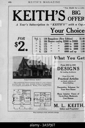 Keith’s Magazine (1916) war eine monatliche Publikation des Architekten Max L. Keith. Es enthielt Hausentwürfe mit detaillierten Illustrationen, Grundrissen, Kosten und Beschreibungen. Die Artikel betrafen Wohngebäude, Inneneinrichtung und Landschaftsgestaltung sowie Anzeigen für Wohnmöbel und -Materialien. Einige Ausgaben beinhalteten Pläne für Kirchen und Schulen. Bei bestimmten Volumes fehlten Seiten. Stockfoto