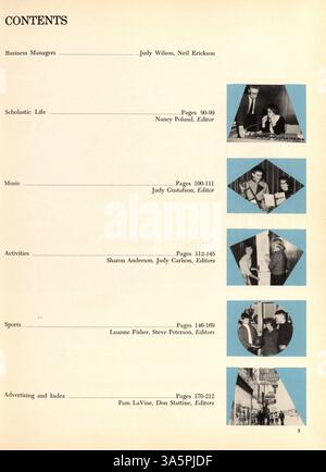 Diese Ausgabe des Jahrbuchs „Antler“ von der Minnehaha Academy 1962 beschreibt das Schuljahr 1961-1962 und zeigt die Leistungen der Schüler und Dozenten, Leichtathletik und Vereinsaktivitäten. Stockfoto