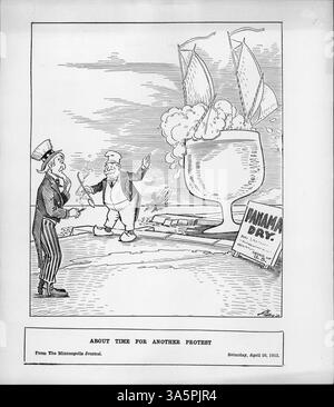 Ein politischer Zeichentrick zeigt Uncle Sam, wie er den Panamakanal beobachtet, wo ein bierförmiges Schiff durch ein Schild mit der Aufschrift „Panama Dry“ angehalten wird, das ein US-amerikanisches Verbot von Saloons in der Kanalzone symbolisiert und einen Deutschen dazu veranlasst, sich zu beschweren. Stockfoto