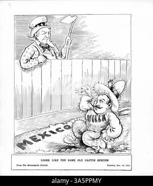 Dieser politische Zeichentrick zeigt Onkel Sam mit einer Hacke in Mexiko, wo Pancho Villa als Kaktus dargestellt wird. Villa war an gewalttätigen Aktionen gegen Ausländer beteiligt und wurde beschuldigt, Millionen gestohlen und politische Gegner hingerichtet zu haben. Stockfoto