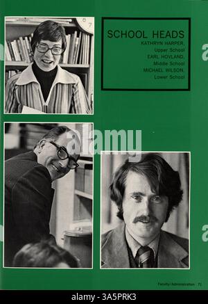 Im Mustang Jahrbuch 1976 der Breck School werden die Leistungen von Schülern, Lehrern und Mitarbeitern im Schuljahr 1975-1976 vorgestellt. Hier werden Vereine, Leichtathletik und Veranstaltungen vorgestellt. Stockfoto