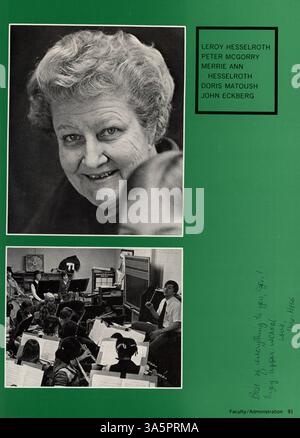 Dieses Jahrbuch 1976 zeigt die Leistungen der Schüler und Mitarbeiter der Breck School im Schuljahr 1975-1976, darunter Leichtathletik, Vereine und andere wichtige Veranstaltungen. Stockfoto