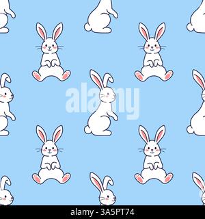 Nahtloses Muster mit Happy Easter Doodle. Vektor süße Charaktere Bunny, Kaninchen, Hase. Handgezeichnete Zeichentrickgrafik. Textil-, Stoff- und Texturdesign für Kinder Stock Vektor