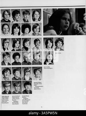 Dieses Collage-Jahrbuch 1975 der Marshall University behandelt das Studentenleben, die Lehrkräfte, die Leichtathletik, die Vereine und die wichtigsten Veranstaltungen des akademischen Jahres 1974-1975. Stockfoto