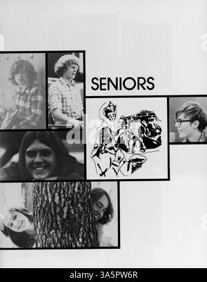 Das Collage Yearbook 1975 der Marshall University beleuchtet das Studentenleben, die Lehrkräfte, den Sport, die Vereine und die wichtigsten Veranstaltungen des akademischen Jahres 1974-1975. Stockfoto