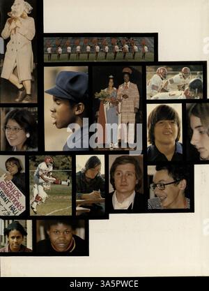 Das Collage Jahrbuch 1975 der Marshall University beleuchtet die Leistungen der Schüler, die Beiträge der Lehrer, die Clubaktivitäten und die sportlichen Veranstaltungen im Schuljahr 1974-1975. Stockfoto