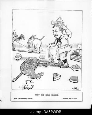 Dieser Zeichentrick zeigt John Lind, dargestellt als Puzzle, das nur den Kopf vermisst, und seine Entscheidung, die Kandidatur der Demokratischen Partei für das Gouverneur abzulehnen, wird humorvoll dargestellt, mit dem Hintergrund eines republikanischen Elefanten. Stockfoto